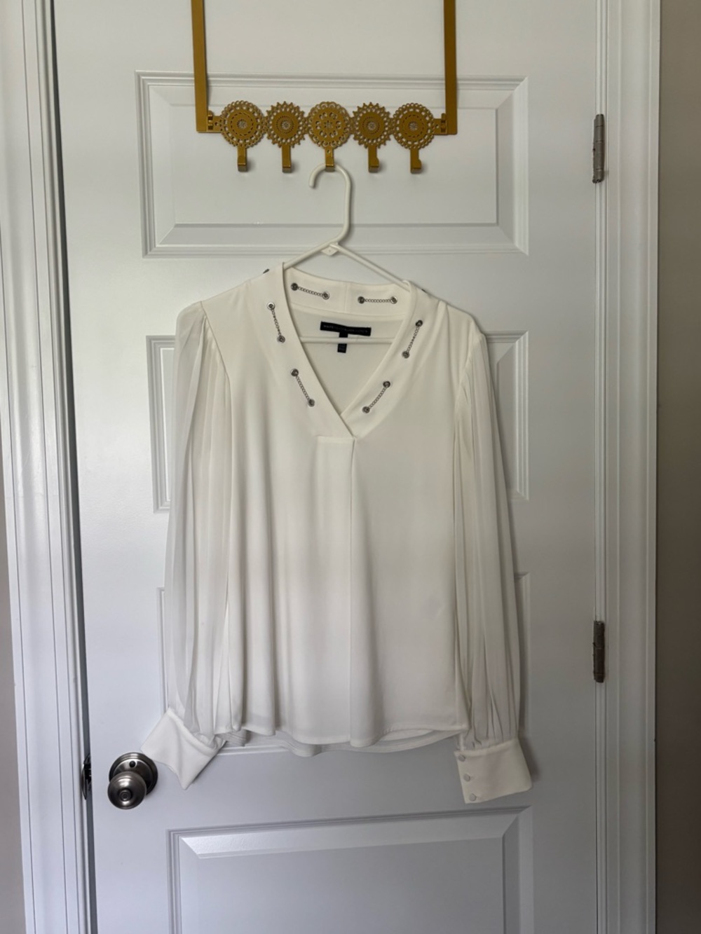 White House Black Market Cream V-Neck Blouse with Decorative Studs